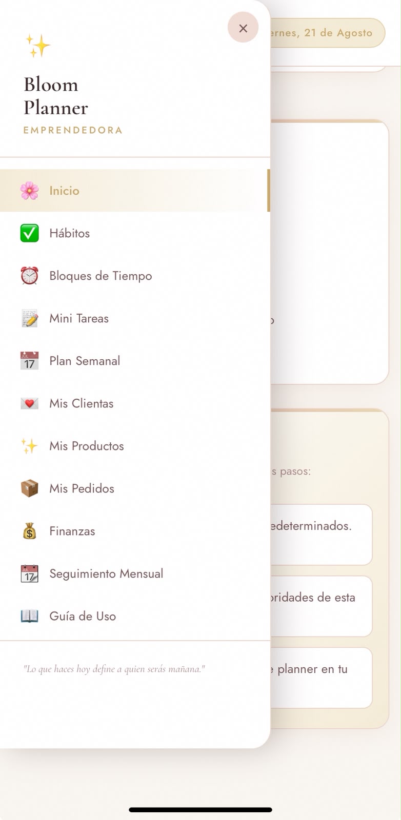 Menú del Bloom Planner: hábitos, bloques de tiempo, mini tareas, plan semanal, clientas, productos, pedidos y finanzas