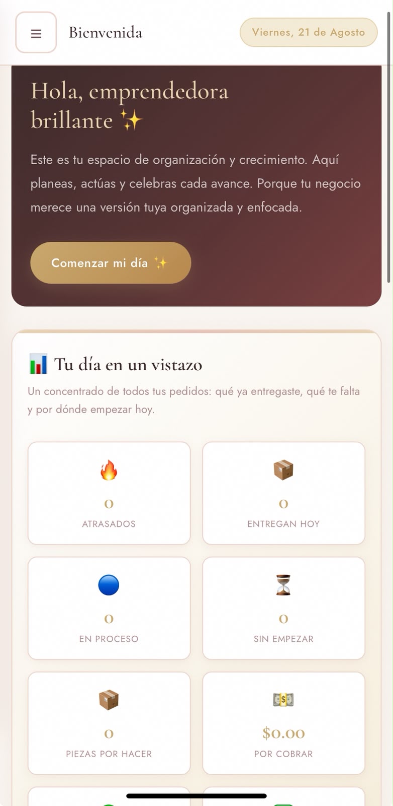 Pantalla de bienvenida del Bloom Planner con 'Tu día en un vistazo': pedidos atrasados, entregas de hoy y dinero por cobrar